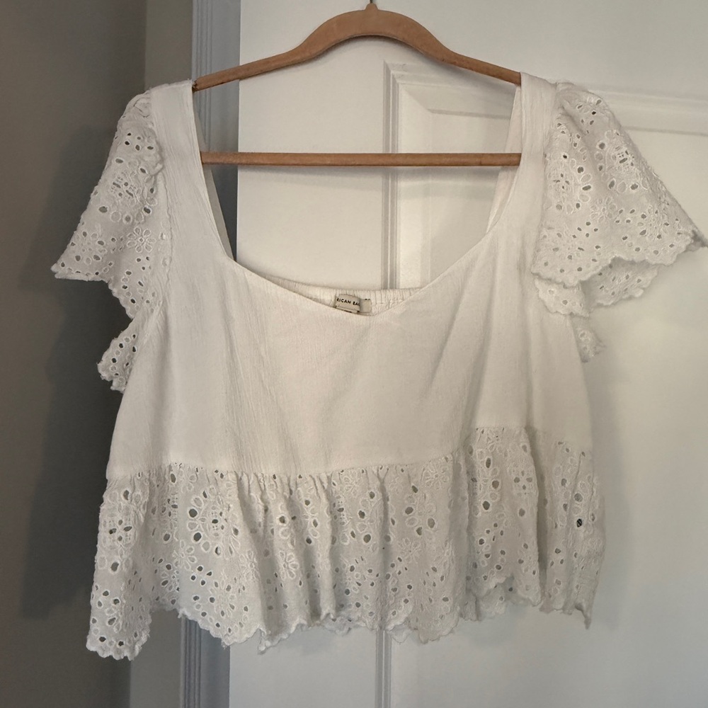 American Eagle Outfitters White Ruffled Crop Blouse